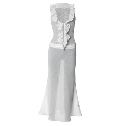 Sets For Women 2 Pieces Ruffes Tank Top Low Rise A-Line Long Skirt See Through French Outfit Summer Clothes For Female