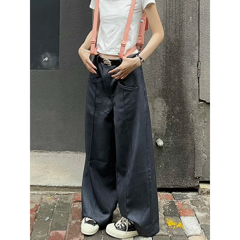 Solid Draped Wide Leg Suit Pants Women Pleated Stitch Pockets Loose High Waist Gray Casual Trousers Cleanfit OL Streetwear
