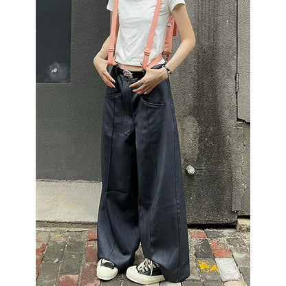 Solid Draped Wide Leg Suit Pants Women Pleated Stitch Pockets Loose High Waist Gray Casual Trousers Cleanfit OL Streetwear