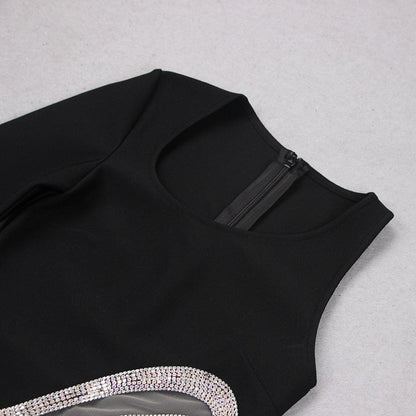 One Shoulder Rhinestone Mesh Mini Dress