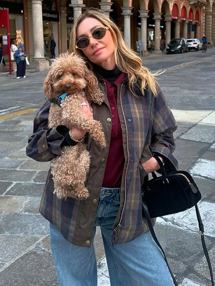Vintage Plaid Printed Women Jacket Patchwork Turn Down Collar Single Breasted Female Coat Autumn Long Sleeve Zipper Outwear