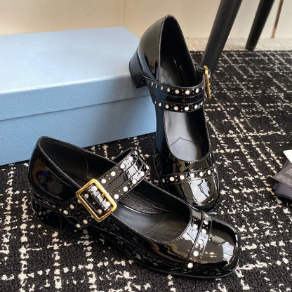 French Mary Jane Thick Heel Women's Shoes Hollow Out Spring 2025 Fashion Patent Leather Metal Buckle Office Dress Pumps Vintage