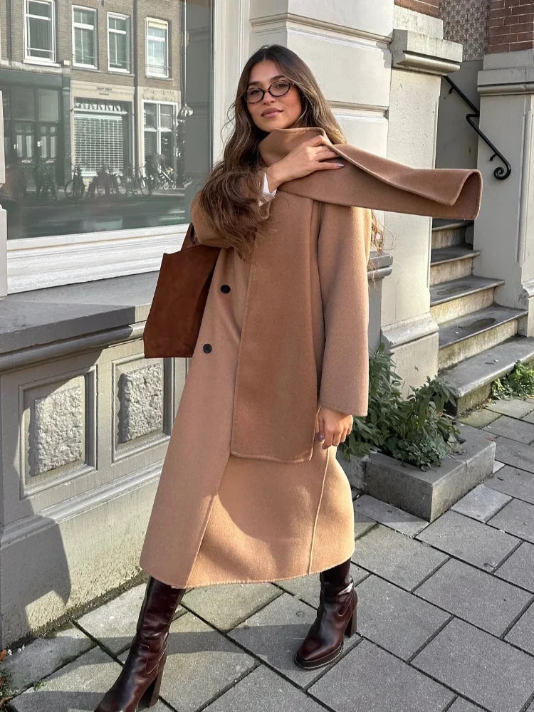 Women Elegant Brown Long Woolen Coats With Scarf Fashion Double Breasted Oversized Thicken Overcoats Lady Daily Streetwear