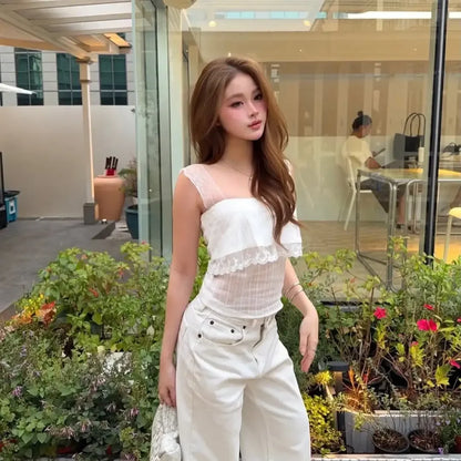 Solid White Lace Strap Cami Tops Women Chic Button Front Sheer Layered Sleeveless Short Sweet Vests Lady Trendy Daily Wear New