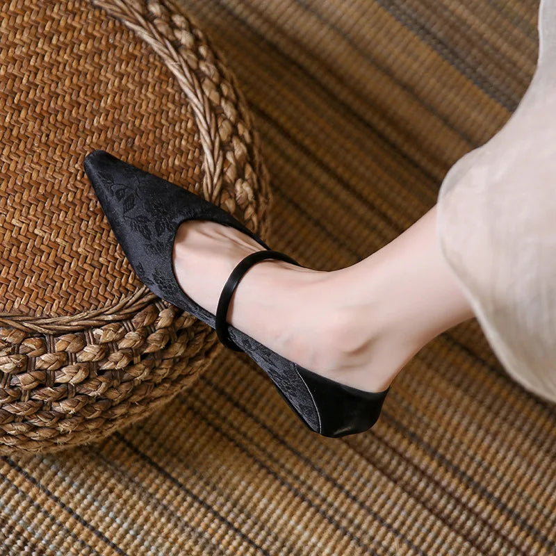 New High Grade Satin Shallow Mouth Flat Bottom Single Shoes Retro Pointed Straight Straw Women's Shoes