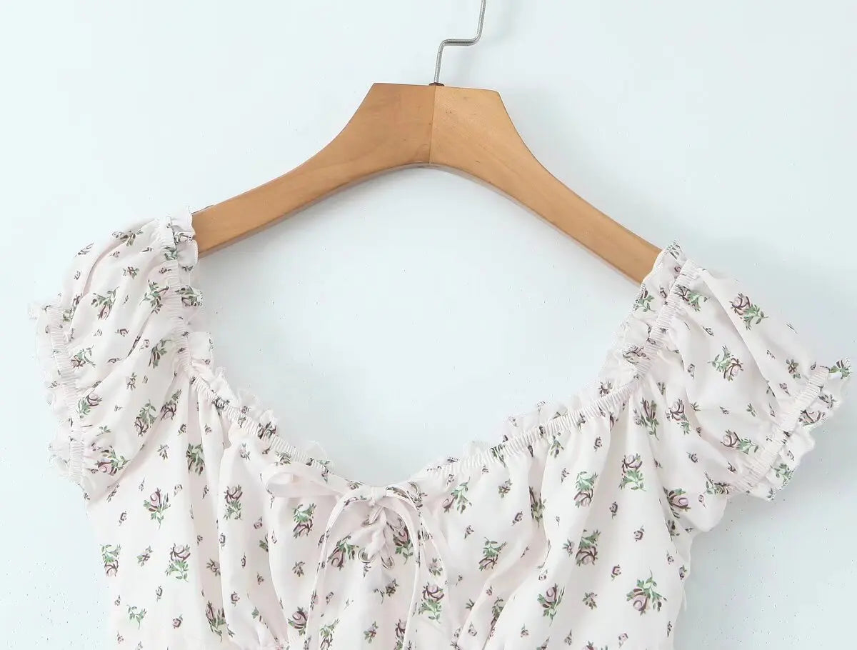 Holiday Summer Dresses 2025 Women French Style Floral Print Dress Vintage Short Sleeve V Neck A-line Mini Robe Sundress