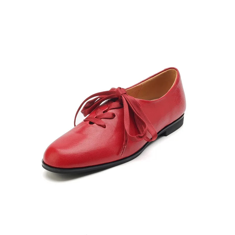 Women Basic Flats Real Leather Comfort Flats Round Toe Woman Lace-Up Daily Flats British Style Cowhide Retro Oxfords
