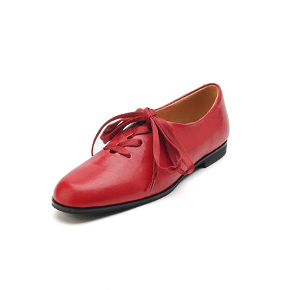Women Basic Flats Real Leather Comfort Flats Round Toe Woman Lace-Up Daily Flats British Style Cowhide Retro Oxfords
