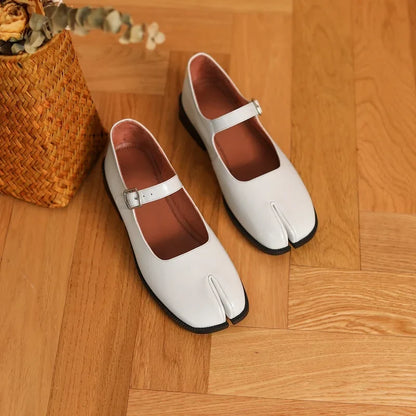 Cowhide Real Leather Flats Cozy Retro Mary Jane Ladies Buckle Strap Shoes Split Toe INS Hot Spring Autum Women Simple Shoes