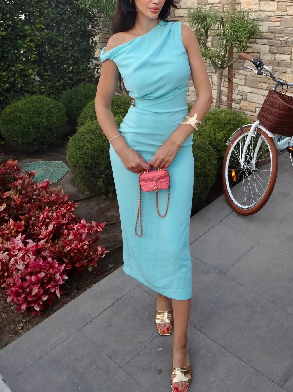 Women's summer sexy fashion long dress solid color sleeveless asymmetric dress female holiday style slit slim fit chic dress