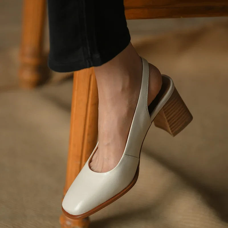 Womens' Sandals Retro French Style Shoes For Spring Thick Square Heel Closed Toe Pumps Summer Sandals Real Leather Slingbacks