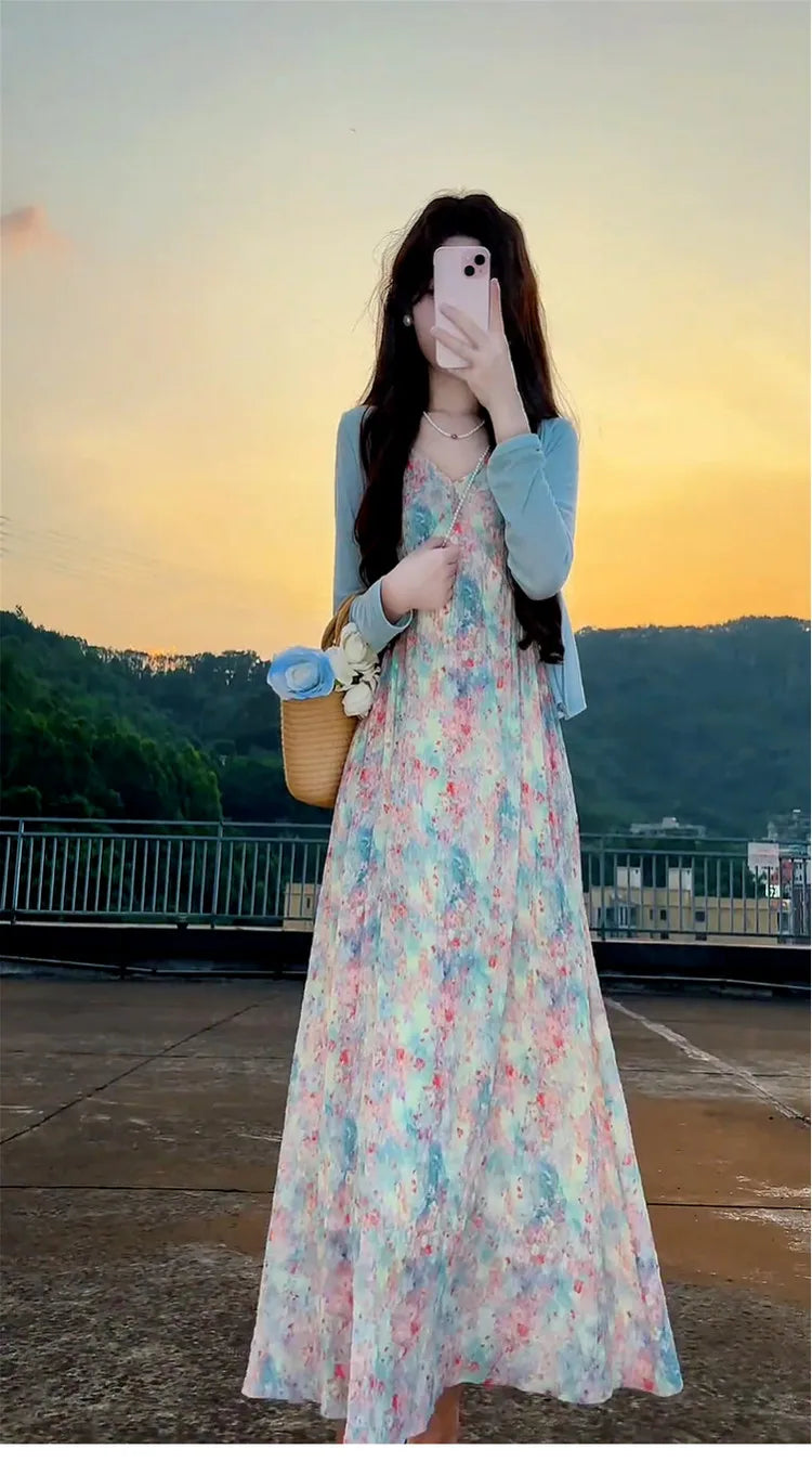 New Pink V-Neck Floral Print Halter Dress Women's Summer Vacation Style Long Dress Tea Break Sweet High Waist A-Line Skirt