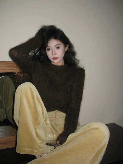 2024 Spring Autumn New Women Maillard Retro Casual Pants Pleated High Waisted Street Chic baggey Corduroy Wide Leg Long Trousers