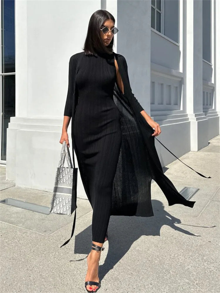 Spring Sleeveless Knitwear Turtleneck Long Dress Female Slim Elegant Fashion Autumn Ribbed Knit Dress For Women Maxi Dress