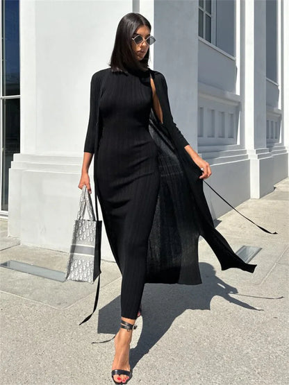 Spring Sleeveless Knitwear Turtleneck Long Dress Female Slim Elegant Fashion Autumn Ribbed Knit Dress For Women Maxi Dress