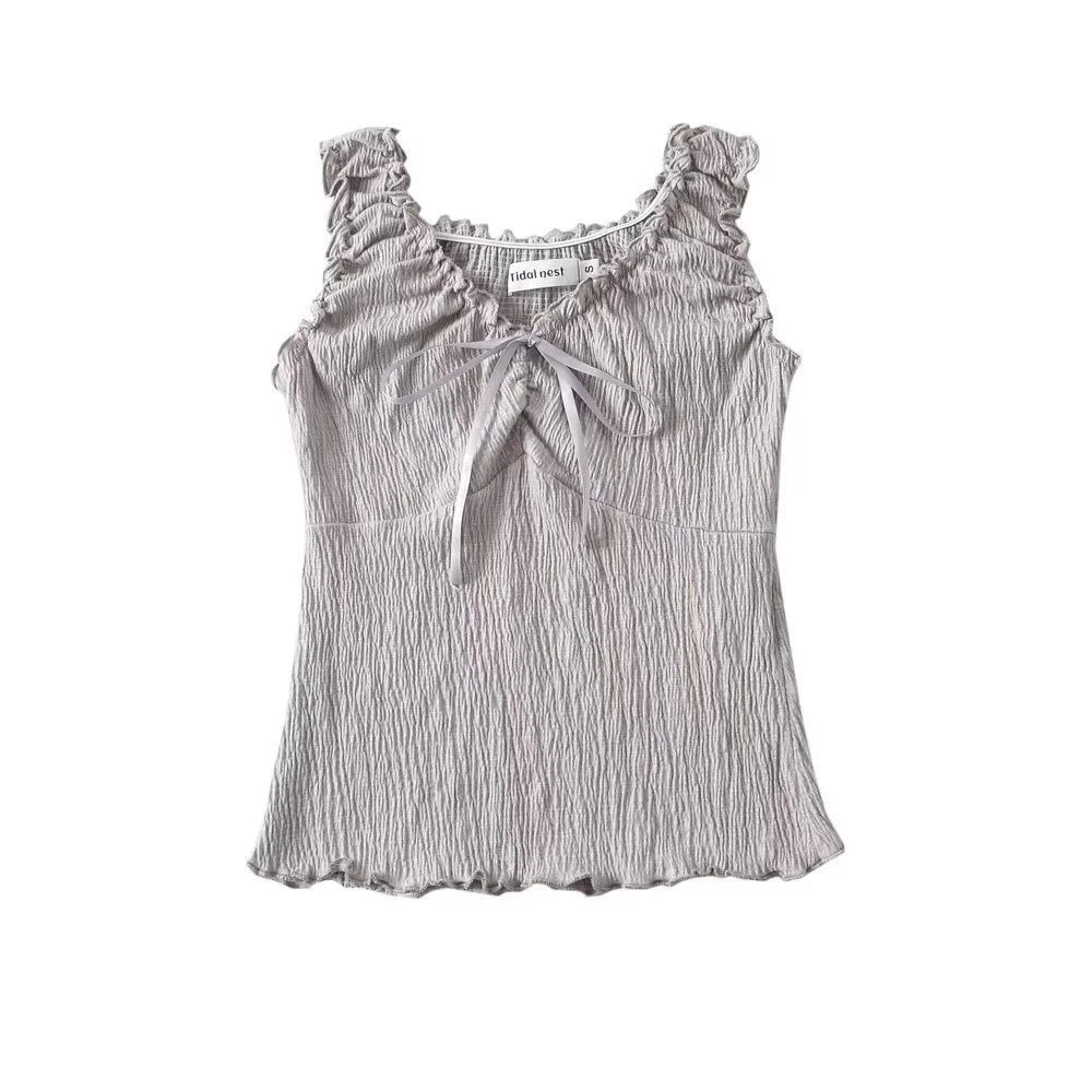 Lacing Patchwork Agaric Laces Crop Tank Top Women Shirring V-Neck Sweet Slim Versatile Vest American Hottie Streetwear