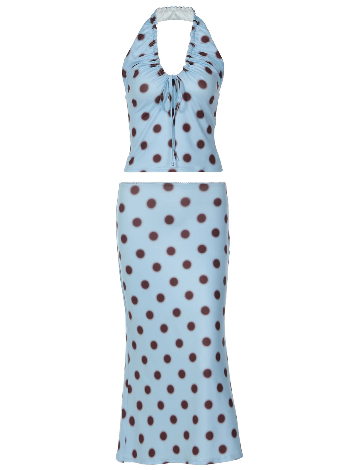 Polka Dot Print Tie Up Front Ruched Deep V Halter Top Midi Skirt 2 Piece Set for Women Summer Trend Daily Street Outfit