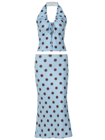 Polka Dot Print Tie Up Front Ruched Deep V Halter Top Midi Skirt 2 Piece Set for Women Summer Trend Daily Street Outfit