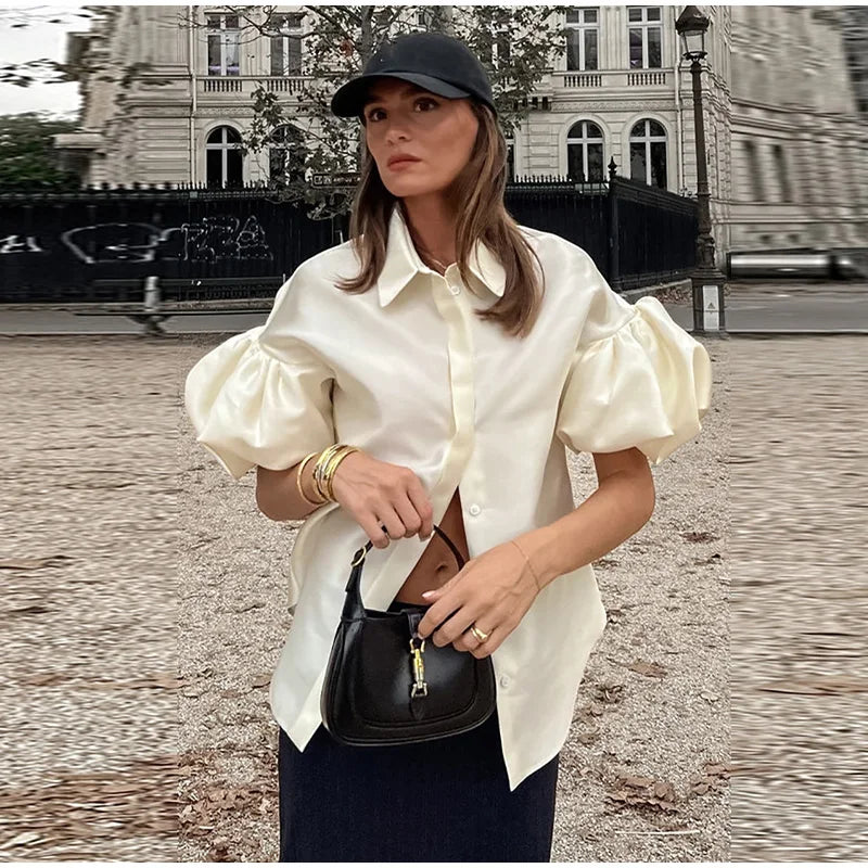 Elegant Women's Satin Puff Sleeve Shirt Loose Lapel Single Breasted Female Blouses 2025 Summer Lady Solid Chic All-match Tops