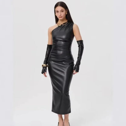 Faux Leather One Shoulder Ruched Bodycon Midi Dress