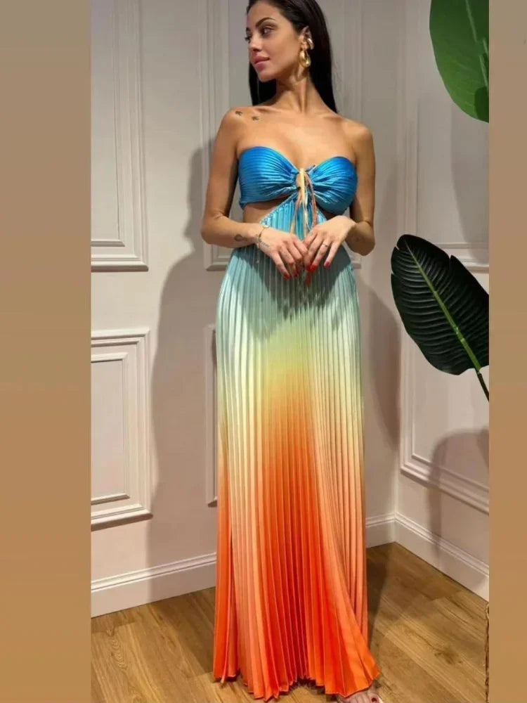 Gradient Pleated Spaghetti Strap Satin Maxi Dress