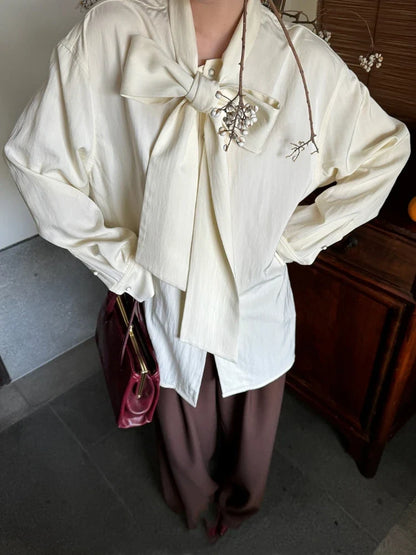 Elegant Beige Blouse Women Chic Bow Tie Long Sleeve Shirt Female Oversized Office Ladies Fashion Vintage Spring Clothes