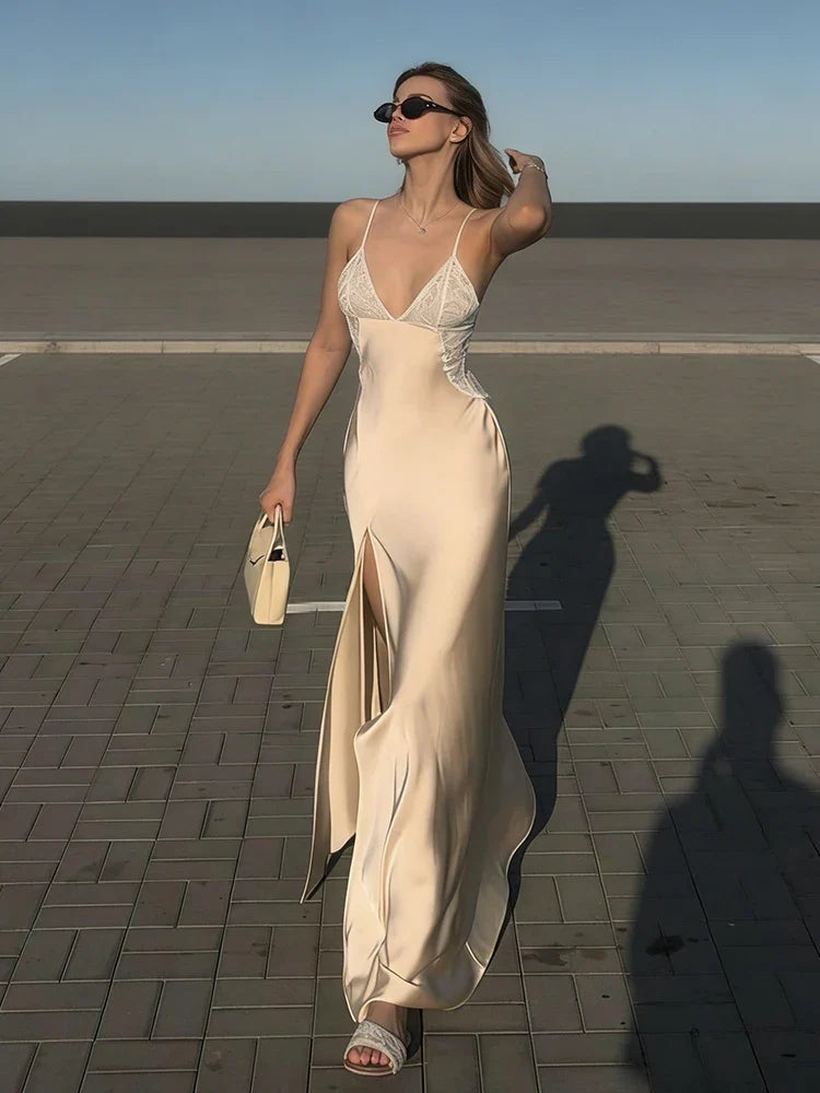 Patchwork Jacquard Maxi Dress Women High Side Slit v-Neck Skinny Elegant Summer Fashion Wedding Party Chic Vestidos