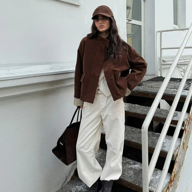 Autumn Chic Plaids Linen Solid Corduroy Coats Elegant Female Stand Collar Zipper Long Sleeves Jacket Fashion Lady Street Outwear