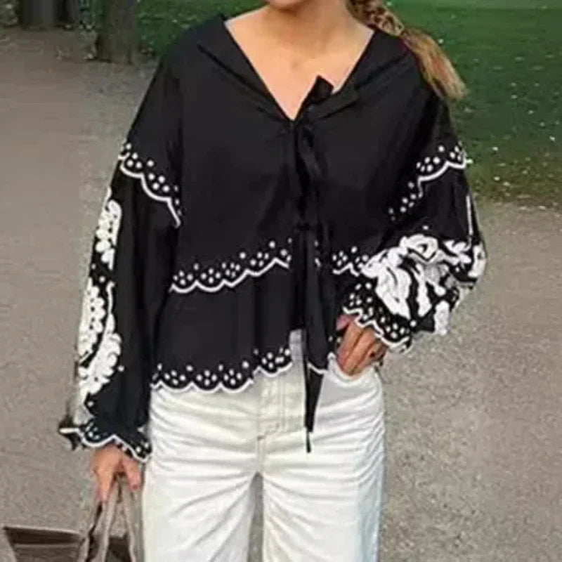 Women's New Fashionable Casual V-neck Lace Up Lantern Sleeve Shirt Embroidered Print