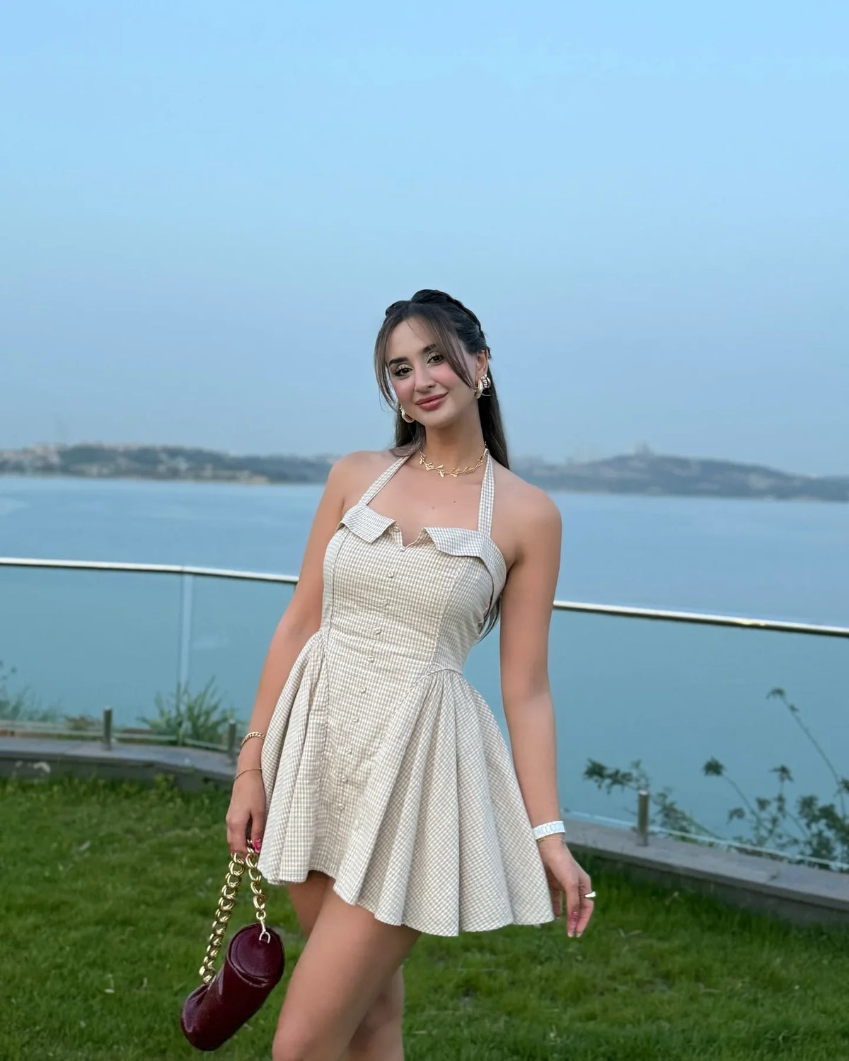 Summer New Khaki Plaid Fashion Short Dress High Waist A-line Hanging Neck Summer Dress Y2K Sweet Chic Woman Clothing