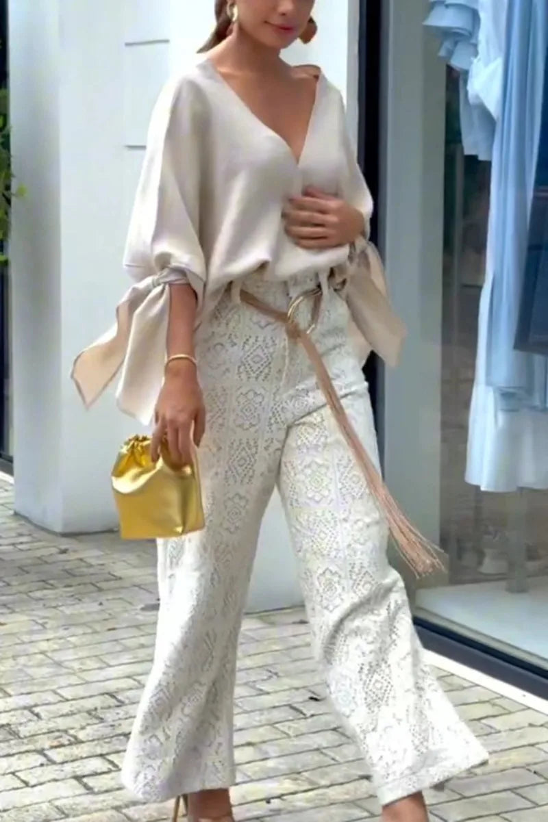 Elegant Women Pants Set Chic Loose Long Batwing Sleeve Shirt Top Wide Leg Pants Two Piece Trousers Set Lace Hollow Out Outfits