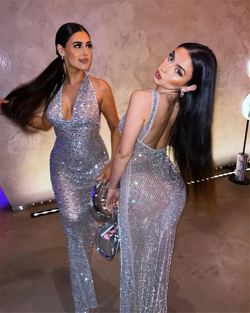 Sequin Embellished Plunging Halter Backless Mesh Overlay Maxi Gown