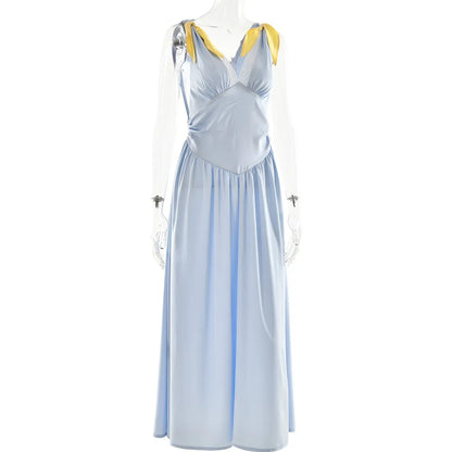Elegant Lace Patchwork Satin Tank Maxi Dress Women's Deep V-Neck Sexy Backless Lacing Sleeveless Contrast Slim Long Dress