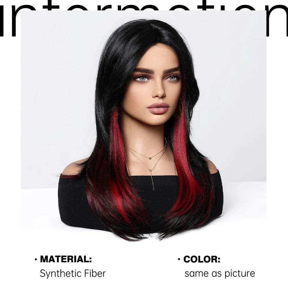 Black Highlight Rose Red Wig With Curtain Bangs 18inch Natural Layered Straight Synthetic Wig For Women Christmas Party Cosplay