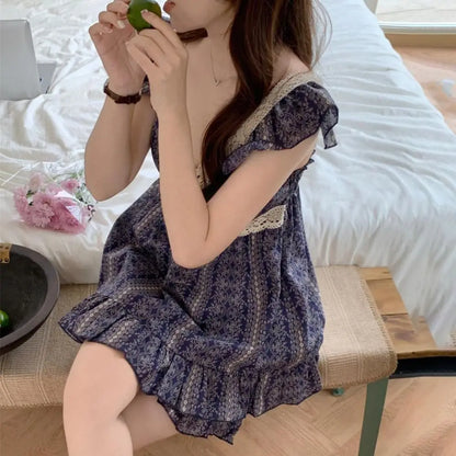 Striped Suspender Shorts Pajamas Ruffle Sleeveless Floral Pajamas Suit Loose with Chest Pad Women's Sleepwear Sets Sleeping