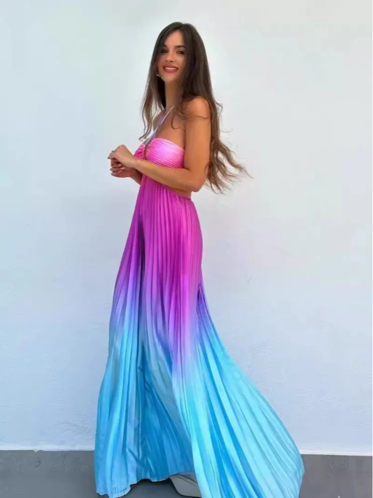 Gradient Pleated Spaghetti Strap Satin Maxi Dress