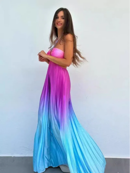 Gradient Pleated Spaghetti Strap Satin Maxi Dress