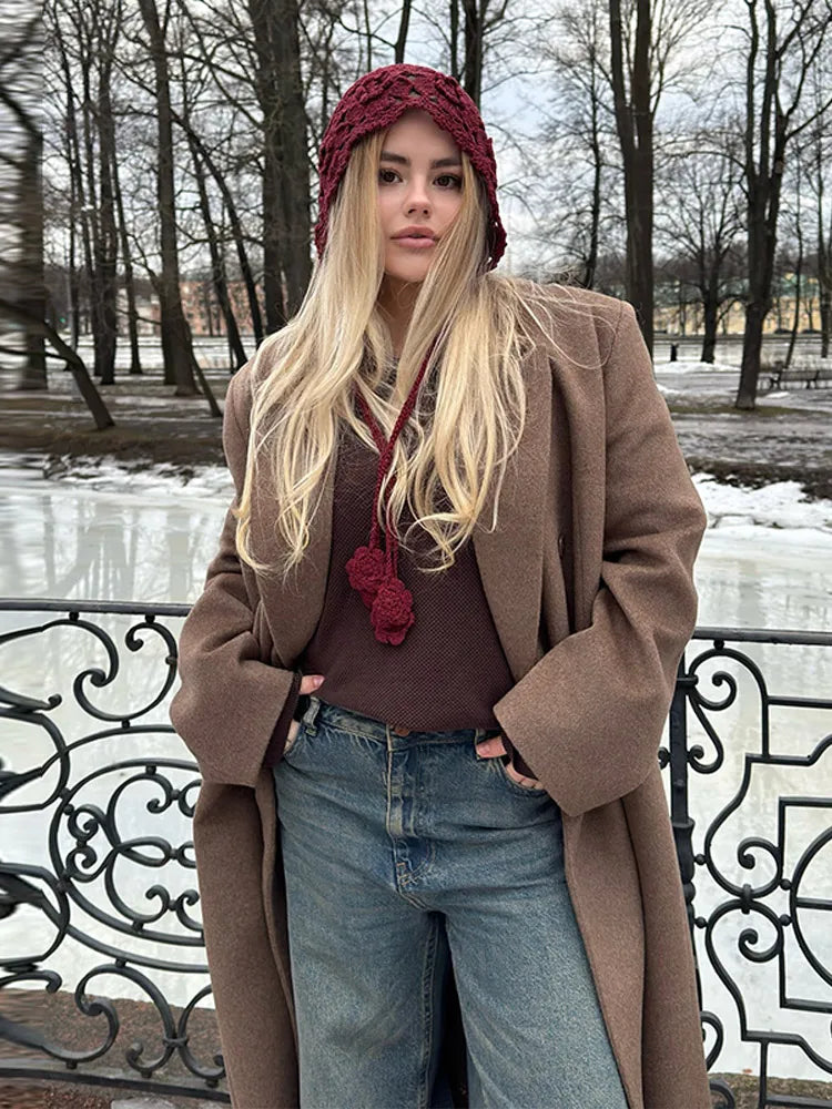 Elegant Solid Double Breasted Long Coat Women Chic Casual Loose Lapel Pad Shoulder Tweed Coats Lady Winter Retro Street Outwear