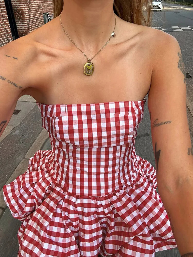 Red Checkered Pleated Fluffy Strapless