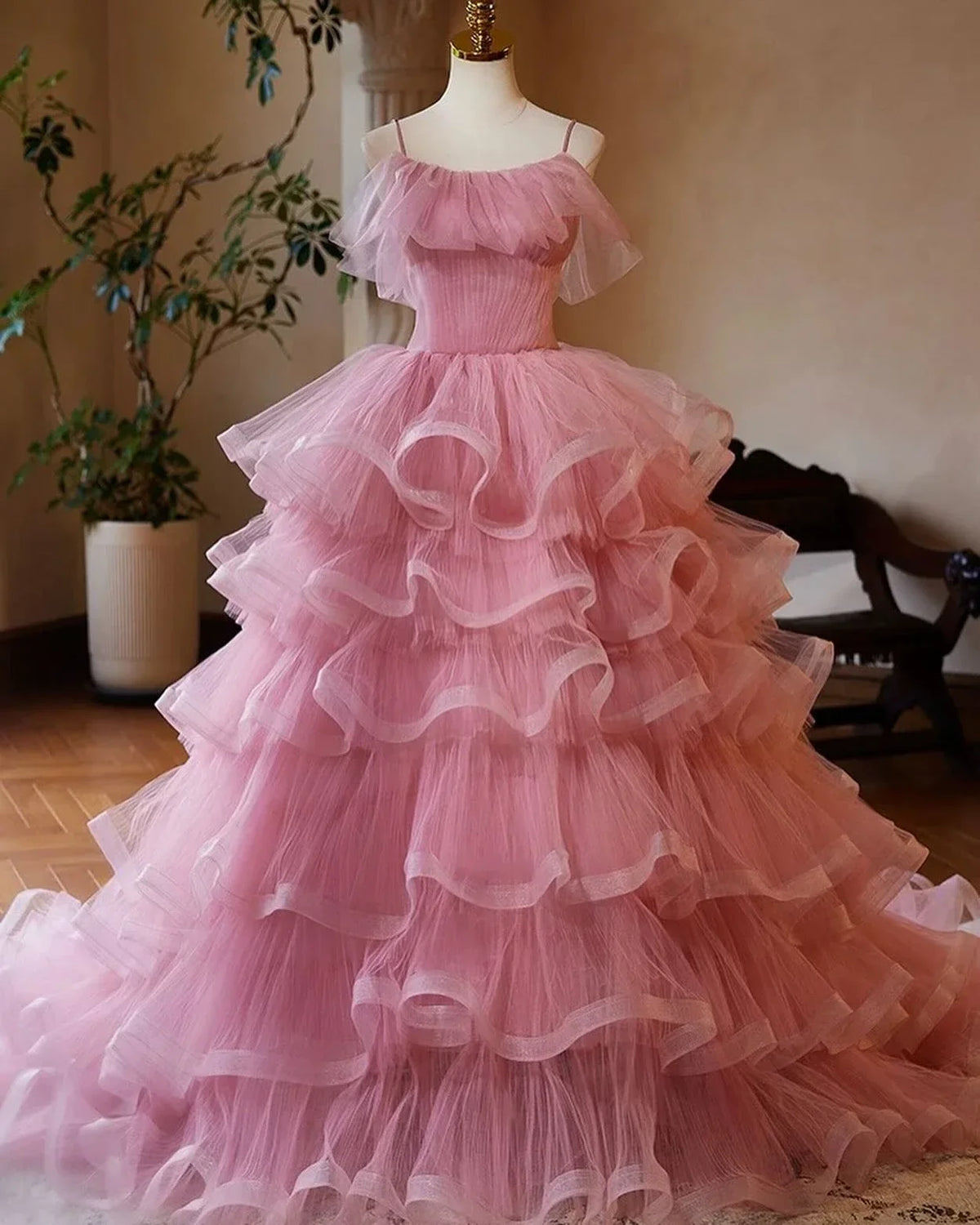 Elegant Blush Pink A Line Ruffles Tulle Ball Gowns New Vestidos SweetTier Upon Tier Dress Fluffy Tiered Ruffled Robe