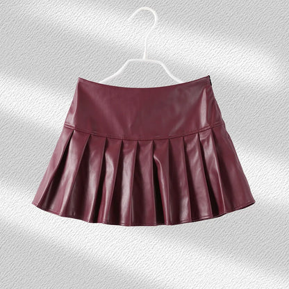 Double Breasted Faux Leather Blazer Pleated Mini Skirt Set