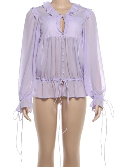 Puss Sexy Pleat Bandages Mesh T-Shirt Women Sexy Ruffled Patchwork Hollow Single-Breasted Trend Vacation Party Street Tess
