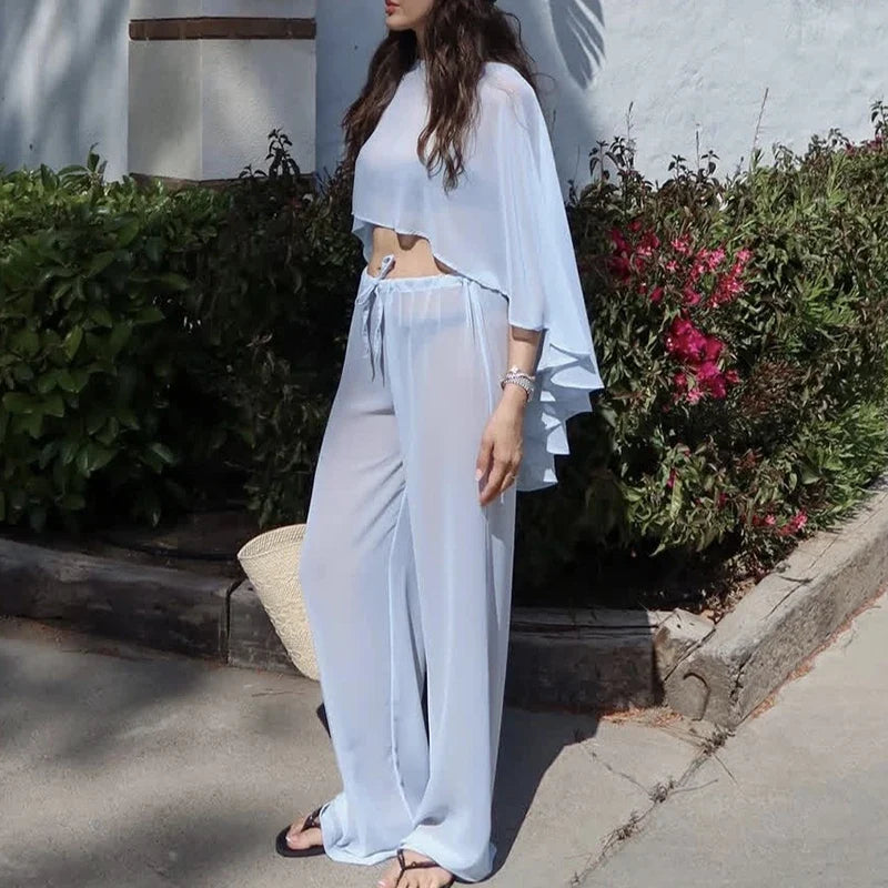 Elegant Solid Perspective Loose Suit Casual Chiffon Shirt Travel Vacation Outfit Fashion Irregular Cape Style Top+Pants 2pc Set