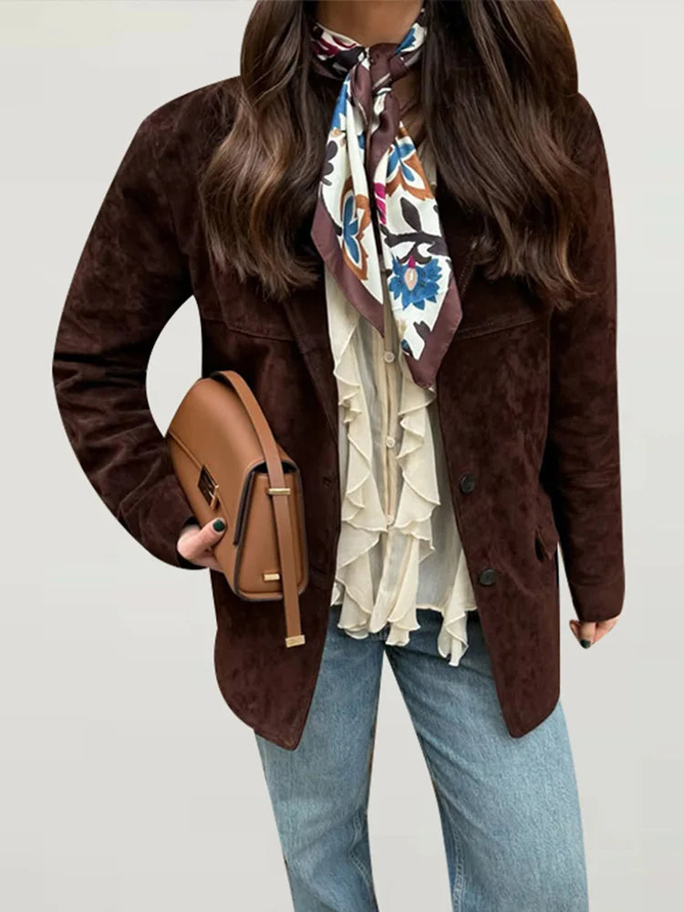 Suit Suede Leather Coat Women Brown Lapel Pocket Single Button Mid Length Jackets 2025 Spring Vintage Fashion Lady Outwear Top
