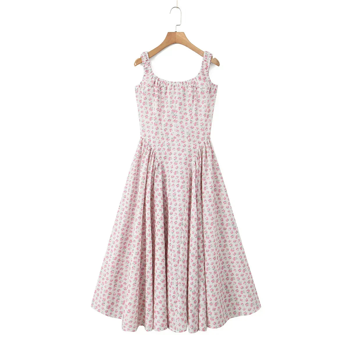 Square Neck Ruffle Strap Ditsy Floral Fit and Flare Midi Dress