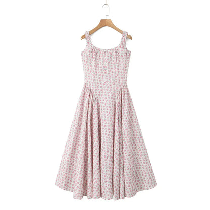 Square Neck Ruffle Strap Ditsy Floral Fit and Flare Midi Dress