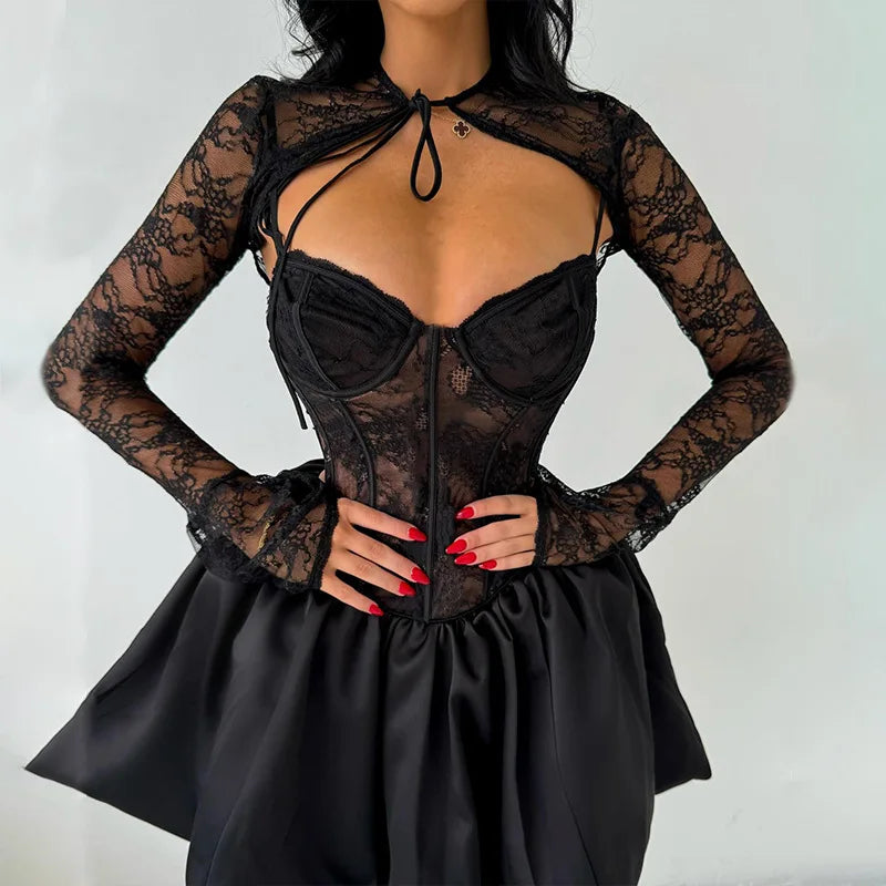 Lace Tie Front Bolero Long Sleeve Boned Corset Bubble Hem Mini Dress