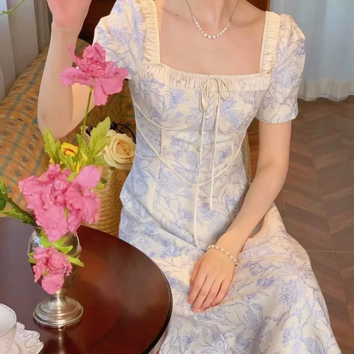 Summer New French Palace Style Sweet Dress Women Floral Print A-line Puff Short Sleeve Elegant Waist Slim Long Dresses