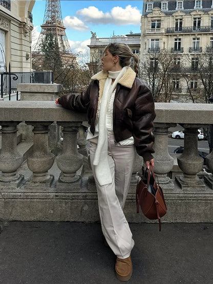 Chic Long Sleeve Lapel Double Side Motorcycle Coat Fashion Warm Pocket Zipper Jackets Autumn Winter Woman High Street Coats