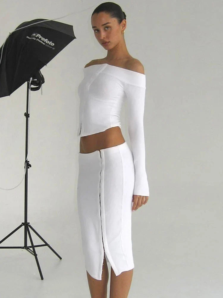 Sexy Split Skirt Suit For Women One-Shoulder Single Breasted Long Sleeves Top Slim Fit Skirt Elegant Party Club Outfits